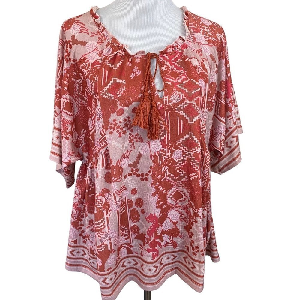 Suzanne Betro Weekend Red Pink Floral Tassel Empire Waist Peasant Top Large